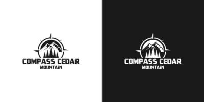 mountain, cedar, pine, compass vintage adventure, travel logo design vector