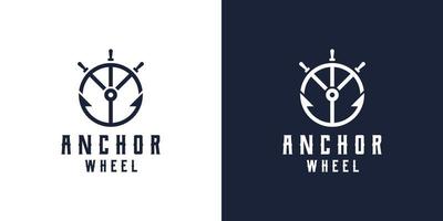 Plantilla de diseño de logotipo de arte de línea de rueda de ancla y barco vector