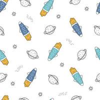 Baby seamless pattern space background with planets and rockets on white background hand drawn style cartoon design Use for print, wallpaper, decoration, textiles. Vector illustration.