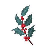 Christmas holly berry set, green leaf, red berry, branches, twigs. Vector winter illustration isolated on white background for Christmas cards and decorative design.