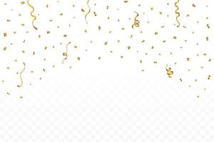 Golden confetti falling isolated on transparent background. Shiny golden party tinsel and confetti falling background. Confetti vector for carnival background. Festival and anniversary elements.