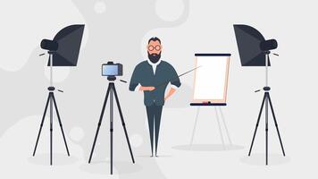 A man in a business suit with a tie is giving a presentation to the camera. The teacher is writing a lesson. The concept of blogging, online training and conferences. Camera on a tripod, softbox. vector