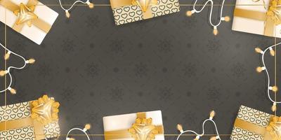 Chocolate background with realistic gift boxes with golden ribbons and bows. Garlands with bulbs. View from above. Banner with space for text. Vector illustration.