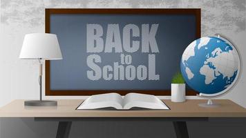 Back to school banner. Green board, open book, wooden table in the loft style, globe, table lamp, pot of grass, gray concrete wall. Realistic style vector illustration.