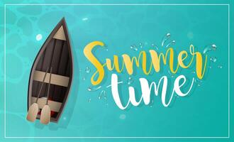 Summer time banner. Wooden boat with oars. Turquoise water surface in the ocean. View from above. Vector. vector