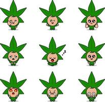 Ilustración de vector de personaje de dibujos animados traje de mascota conjunto paquete expresión de hoja de marihuana