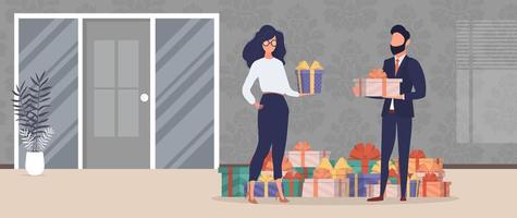 The girl and the guy are holding gifts in their hands. Woman and man with gifts in their hands. Holiday concept. Vector.