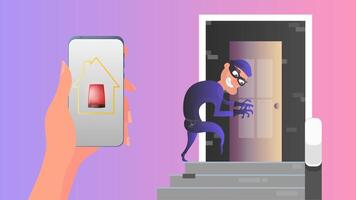 The thief is trying to get into the house through the door. Security at home. Alert. Safety and security concept. Vector. vector