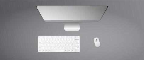 Flat lay, top view office desk. Keyboard, computer mouse, monitor. Realistic vector illustration.