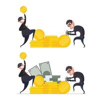 Set for posters and presentations. Two robbers steal gold coins. Two thieves are stealing money. Robbery and security concept. Isolated. Vector. vector