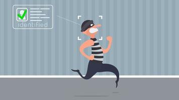 The criminal in a striped suit runs away. Identification of the robber. The concept of protection and escape. Vector.