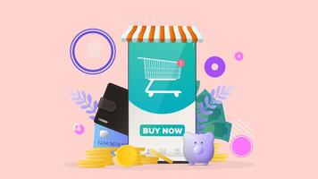 teléfono con aplicación de tienda online. botón de compra. cesta de la compra, nuevo pedido. concepto de pago y compras en línea. vector. vector