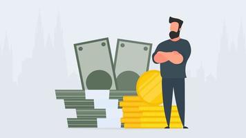 Businessman and a mountain of money. A man stands near gold coins and large dollar bills. A bundle of money. The concept of a successful business, earnings and wealth. Vector. vector