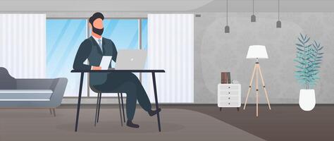 A guy with glasses sits at a table in his office. A man works on a laptop. Office, bookshelf, business man, floor lamp. Office work concept. Vector. vector