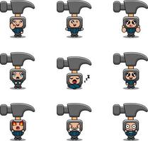 cartoon character mascot costume vector illustration set hammer building tool expression bundle