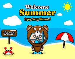 summer beach and sand background design with text enjoy every moment and summer element board that says beach, crab and umbrella, in bear animal mascot costume wearing a senorkel vector