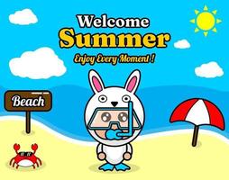 summer beach and sand background design with text enjoy every moment and summer element board that says beach, crab and umbrella, with bunny animal mascot costume wearing senorkel vector