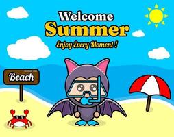 summer beach and sand background design with text enjoy every moment and summer element board that says beach, crab and umbrella, in bat animal mascot costume wearing senorkel vector