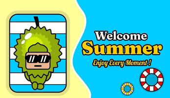 summer beach and sand background design with text enjoy every moment, with durian fruit mascot costume relaxing vector