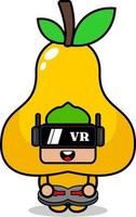 vector cartoon character cute pear fruit mascot costume playing virtual reality game