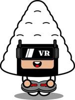 personaje de dibujos animados de vector lindo traje de mascota de comida onigiri jugando juego de realidad virtual