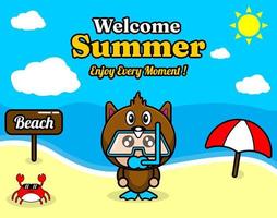 summer beach and sand background design with text enjoy every moment and summer element board that says beach, crab and umbrella, in beaver animal mascot costume wearing senorkel vector