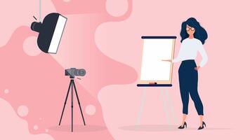 The girl is giving a presentation in front of the camera. The teacher conducts a lesson online. The concept of blogs, online training and conferences. Camera on a tripod, softbox. vector