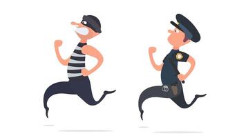 un policía corre tras un ladrón. el criminal se escapa del policía. por separado sobre un fondo blanco. estilo de dibujos animados. vector. vector