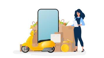 Collage on the theme of delivery. The girl is holding a list and a box. Yellow scooter with food shelf, telephone, gold coins, cardboard boxes, paper grocery bag. vector