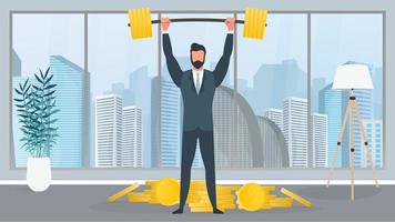 A businessman stands with a mountain of coins and raises the barbell. A man in a suit with a barbell. The concept of a successful business and revenue growth. Isolated. Vector. vector