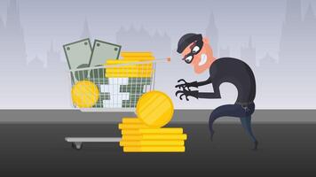 The robber steals money. The criminal steals gold coins. Robbery and finance security concept. Flat style, vector. vector