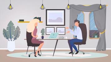 Job interview for people with disabilities. Disabled man sitting in a wheelchair, accepting a hired contract with a female employer. Job Interviews. Cartoon vector illustration.
