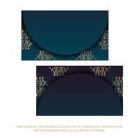 Blue gradient business card with gold mandala pattern for your business. vector