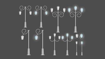 A set of Metallic lanterns that shine. Lamp post with realistic light. Vector. vector