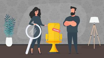 The girl shows in an empty space. Gold office chair. Open work concept. Suitable for registration on the topic of job search and workers. Vector. vector