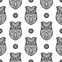 Black-white Seamless pattern of owls in boho style. Good for backgrounds and prints. Vector illustration.