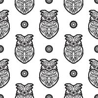 Black-white Seamless pattern of owls in boho style. Good for backgrounds and prints. Vector illustration.