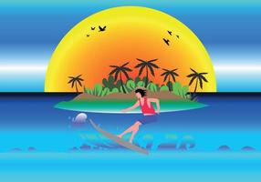 men surfing in the waves with island background flat illustration vector