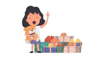 una niña feliz con un osito de peluche y muchos regalos. niño feliz con regalos. aislado. vector. vector