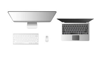 Set of computers top view. Desktop PC Open laptop. Isolated on a white background. Realistic. . vector