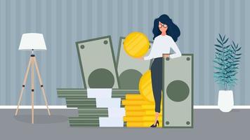 Woman and a mountain of money. The girl stands near gold coins and large dollar bills. A bundle of money. The concept of a successful business, earnings and wealth. Vector. vector