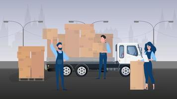 Moving home banner. Moving to a new place. White truck, Movers carry boxes, a girl checks the presence in the list. Carton boxes. The concept of transportation and delivery of goods. Vector. vector