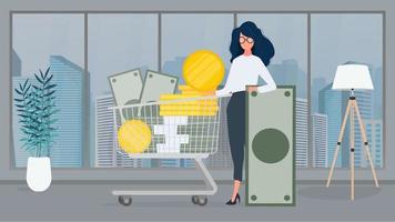 The girl is holding a dollar. Cart and a mountain of money. Basket with gold coins and bundles of money. The concept of a successful business, earnings and wealth. Vector. vector