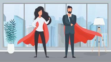 Girl and guy with a red raincoat. Woman and man superhero. The concept of a successful person, business or family. Vector. vector