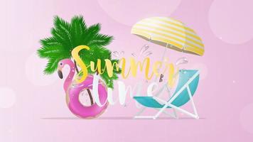 bandera rosa con estilo de horario de verano. hermosa fuente, tumbona de playa, sombrilla de playa, anillo de flamenco de goma rosa, palmeras, boya salvavidas.