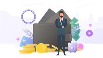 Successful businessman. Big wallet, credit card, gold coins, dollars. Concept of profit, cashback or wealth. Banner on the theme of finance. Vector. vector