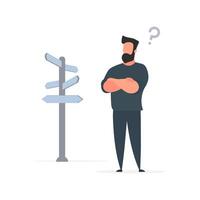 Entrepreneur chooses a path. A businessman is thinking near the directional indicator sign. Isolated. Vector. vector