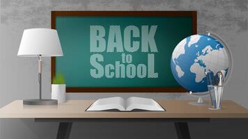Back to school banner. Green board, open book, wooden table in the loft style, globe, table lamp, pot of grass, gray concrete wall. Realistic style illustration. vector