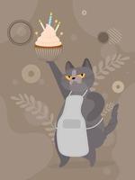 Funny cat holds a festive cupcake. Sweets with cream, muffin, festive dessert, confectionery. Good for happy birthday cards. Vector flat style.