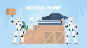 Moving home banner. Moving to a new place. A white robot holds a box. Carton boxes. The concept of the future, delivery and loading of goods using robots. Vector. vector